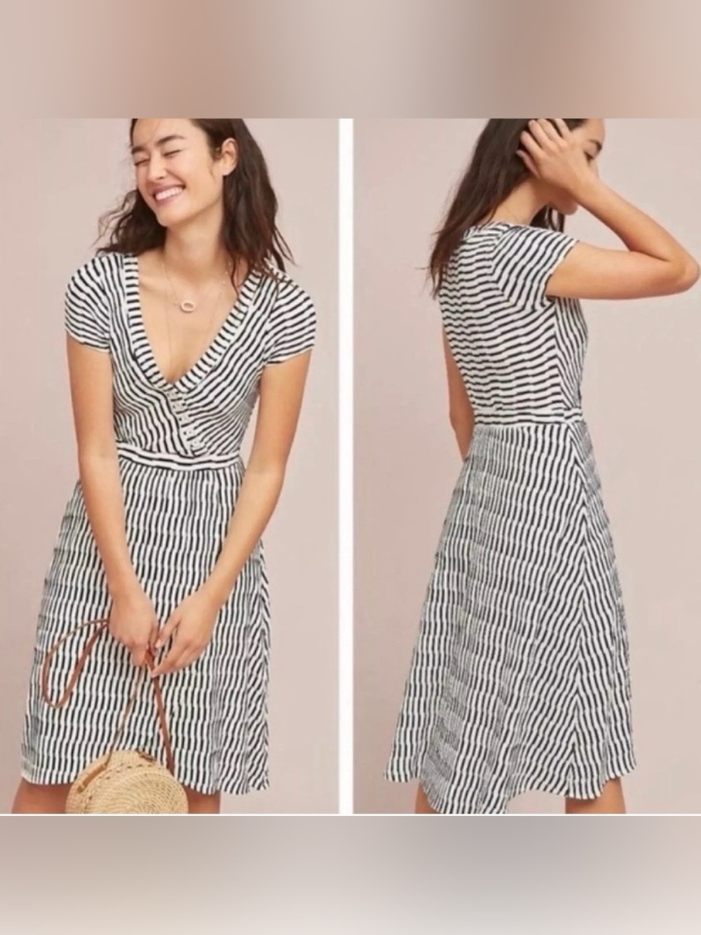 Maeve x Anthropologie Paladino Textured Dress Black White Striped Size Medium